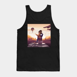 Illustration of a girl with a fox cub looking at the sunset Tank Top